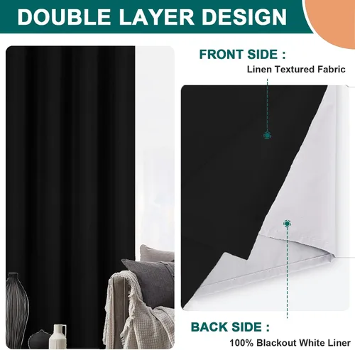 Vista 7 de Diraysid Cortinas 100% opacas de lino negro para dormitorio, con ojales, aislamiento térmico, cortinas de oscurecimiento de habitación