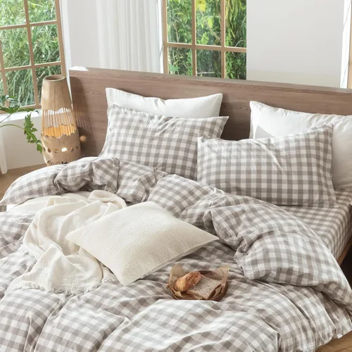 Vista 5 de MooMee Juego de 2 fundas de almohada de cuadros 100% algodón lavado con textura parecida al lino, transpirable, duradera, suave y cómoda