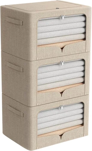 Vista 14 de FHSQX Paquete de 3 contenedores de almacenamiento de ropa plegables con marco de metal, caja de almacenamiento apilable, organizador de tela de lino