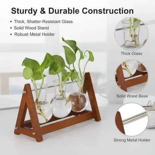 Vista 5 de Terrario para plantas con soporte de madera, jarrón de vidrio de 3 bombillas, soporte de metal, maceta hidropónica retro para decoración de hogar
