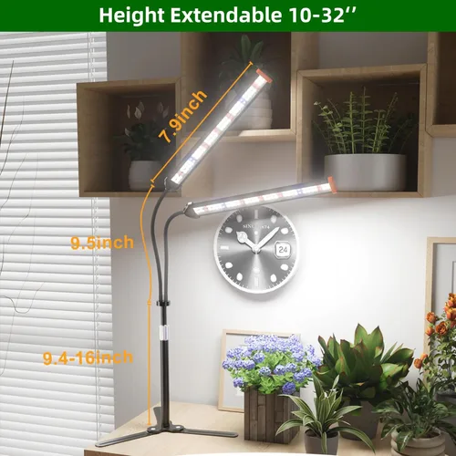 Vista 2 de Lámpara para cultivo de plantas con soporte ajustable de 15 a 47 pulgadas, lámpara de cultivo de plantas de tres cabezales con bombillas LED rojas