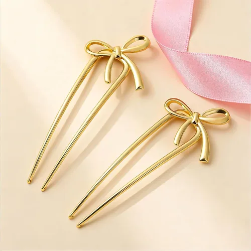 Vista 7 de 2 horquillas francesas de metal dorado para mujeres y niñas, elegantes horquillas en forma de U con diseño de lazo, horquillas de pelo con torsión