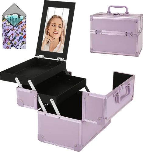 Vista 8 de Neceser de Tren de Maquillaje, Estuche de Maquillaje Portátil con Espejo, Organizador de Cosméticos de 2 Bandejas, Organizador de Esmalte de Uñas