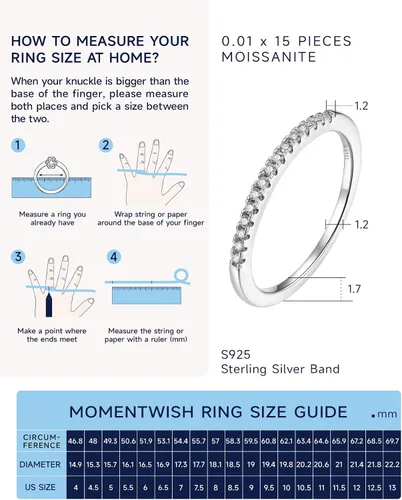 Vista 6 de MomentWish Anillo de boda, anillos de boda de moissanita de 0.15 quilates, anillos de eternidad de plata de ley 925 de diamante simulado de color D