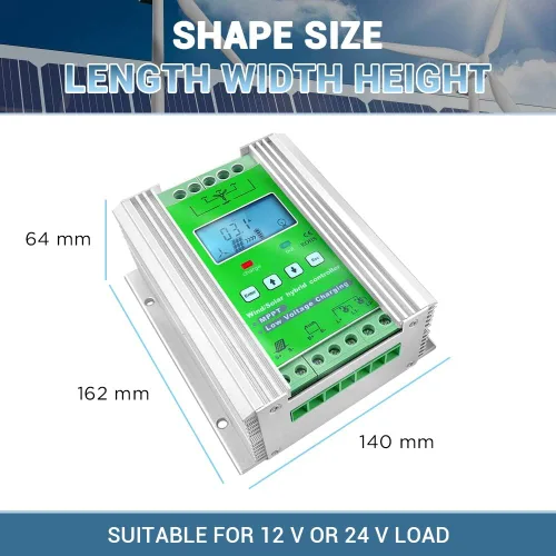 Vista 12 de Controlador de carga híbrido solar eólico de 1000 W, regulador de carga MPPT de 12 V/24 V, regulador de carga con pantalla LCD y carga de descarga