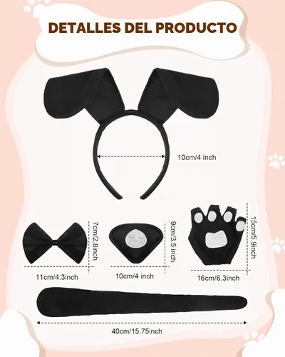 Vista 2 de Syhood Conjunto de disfraz de perro para cachorro, diadema con orejas de perro, corbatín, nariz, cola, guantes, accesorios de disfraz de animales