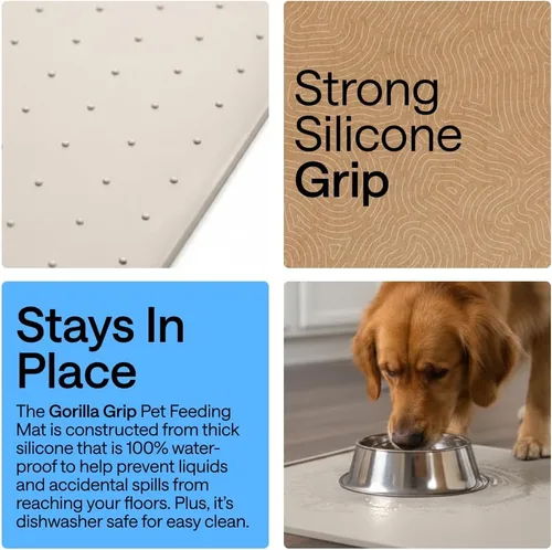 Vista 3 de GORILLA GRIP Alfombrilla para mascotas 100% impermeable con bordes elevados de silicona sin BPA, alfombrillas para comida de gatos y perros que Menta