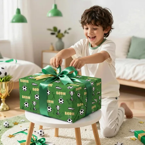 Vista 7 de Garbendy Papel de regalo de fútbol para niños – 17 pulgadas x 16.5 pies – fútbol deportivo con diseño de trofeos, papel de regalo para cumpleaños