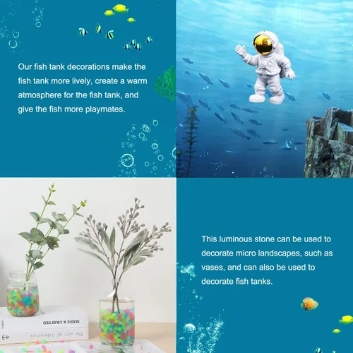 Vista 3 de Muzero Juego de decoración flotante para acuario de pecera, 100 guijarros que brillan en la oscuridad y 2 adornos flotantes de astronautas