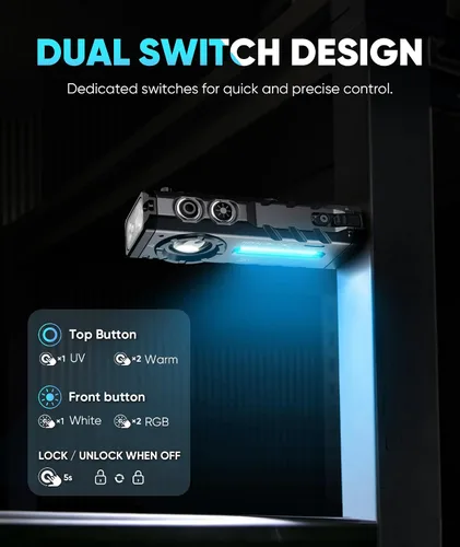 Vista 4 de ZF8324 Linterna recargable, linterna brillante de 2000 lúmenes, linterna de bolsillo con blanco, cálido, RGB y UV dual, linterna plana EDC con base