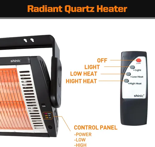 Vista 4 de Shinic Calentadores eléctricos de garaje con control remoto, calentador de cuarzo radiante montado en el techo de 1500 W/750 W con luz de trabajo