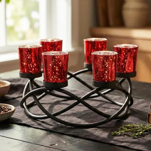 Vista 15 de Portavelas de Halloween Decoración de Centro de Mesa – Portavelas de Hierro Metal Negro de 6 Copas para Velas Votivas y de Té para Mesa Espeluznante