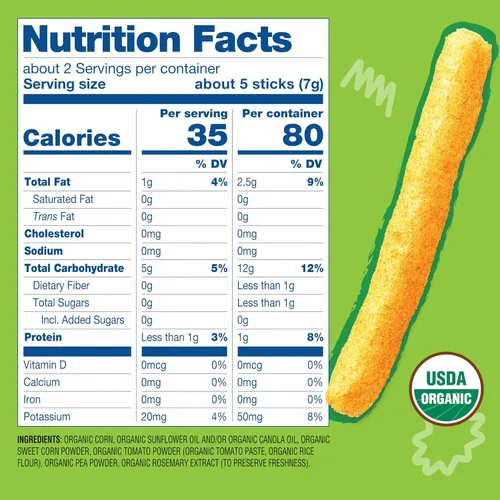 Vista 2 de Earth's Best Alimento orgánico para bebés, aperitivo de dentición disoluble para bebés de 6 meses en adelante, palitos crujientes de verduras