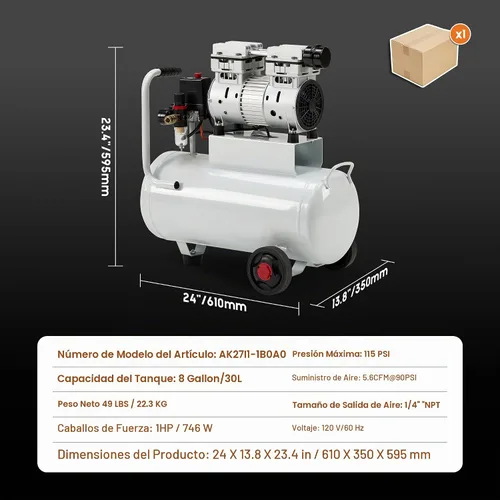 Vista 2 de Albott Compresor de aire de 8 galones con válvula de drenaje automática, tanque de compresor de aire sin aceite de 1.0 HP con ruedas, nivel de ruido