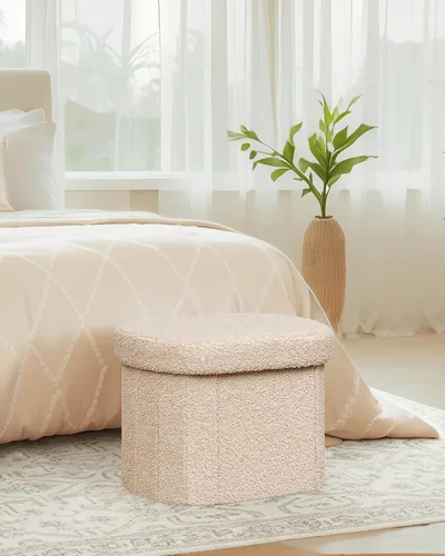 Vista 2 de B FSOBEIIALEO Otomana de Almacenamiento para Dormitorio, Reposapiés Otomano Plegable de Almacenamiento Boucle, Cubo Otomano Plegable Pequeño de Beige