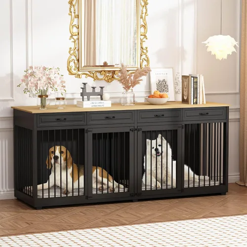 Vista 2 de Mueble grande para perros, perrera de madera de 86.6 pulgadas con cajones y divisor, muebles de interior resistentes, estilo casa para perros