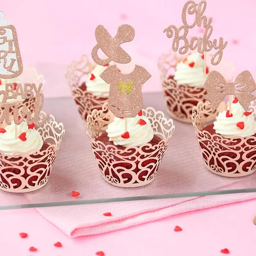 Vista 4 de Paquete de 24 adornos para cupcakes con purpurina «It's a Girl» (It's a Girl) con purpurina, para revelar el género, para cupcakes, decoración
