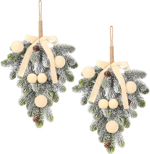 Vista 9 de Super Holiday - Decoraciones de Navidad, 2 piezas de coronas de puerta delantera de plantas verdes artificiales colgantes con lazo