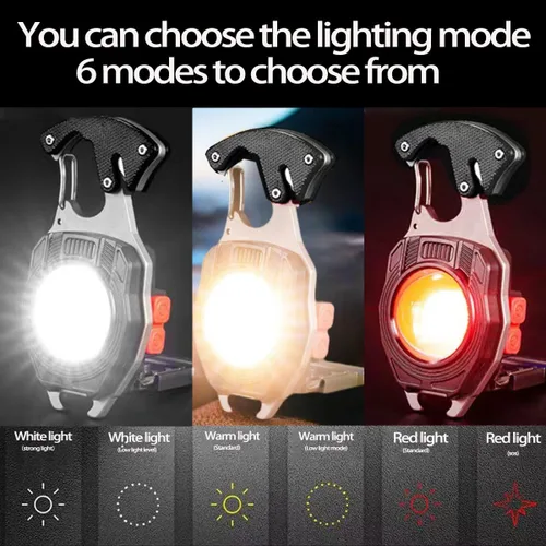 Vista 6 de Llavero COB con 7 modos de luz, 1600 lúmenes, luz de trabajo portátil recargable por USB, luz de emergencia con soporte plegable, abrebotellas