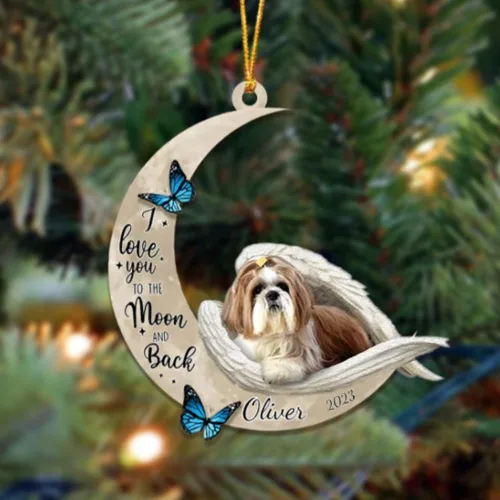 Vista 135 de Adorno colgante personalizado de ángel durmiendo en la luna, perro sabueso afgano, nombre personalizado, acrílico impreso en 2D plano – cumpleaños