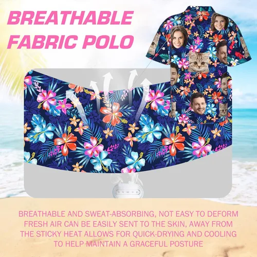 Vista 4 de Camisa hawaiana personalizada para hombres con cara, camisas florales tropicales personalizadas con foto de marido Aloha Beach Flower Shirt