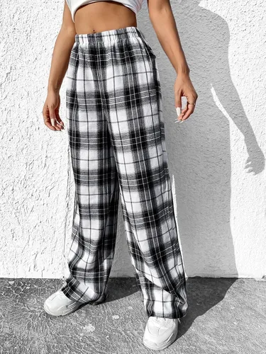 Vista 3 de OYOANGLE Pantalones largos sueltos casuales de cintura alta con estampado a cuadros para mujer