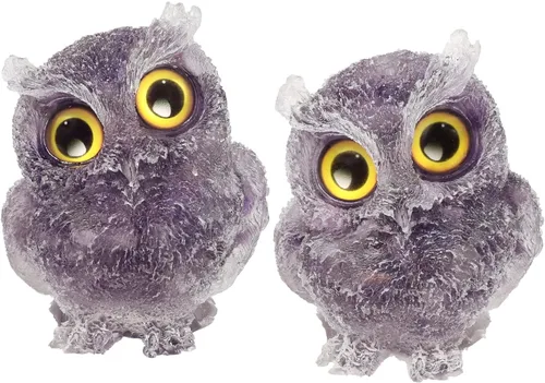 Vista 16 de TUMBEELLUWA Juego de 2 mini adornos de figura de búho de cristal de amatista, estatuas decorativas de búho de resina para mesa de oficina en casa