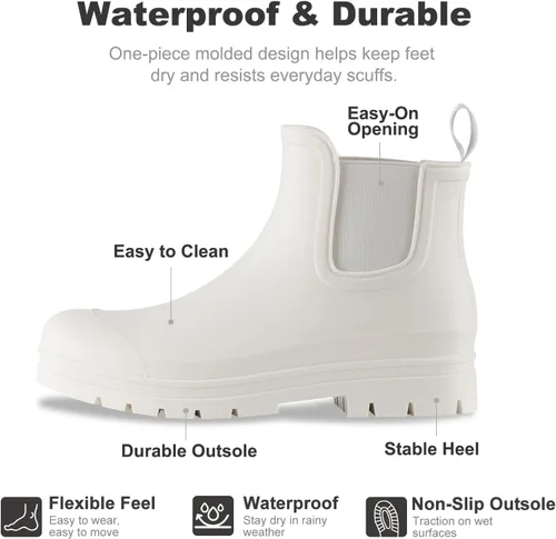 Vista 4 de Planone - Botas cortas de lluvia de ancho amplio para mujer, Chelsea impermeables de moda para mujer, botas de jardín al aire libre mate, botas