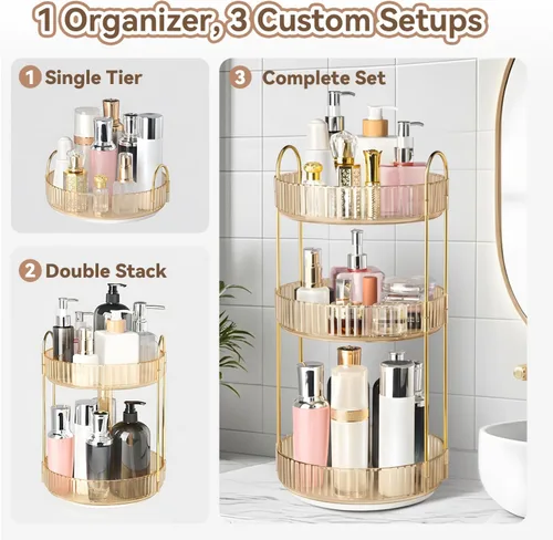 Vista 7 de Organizador de maquillaje giratorio de 360° para tocador, organizadores de perfumes de 3 niveles, organizadores de cuidado de la piel