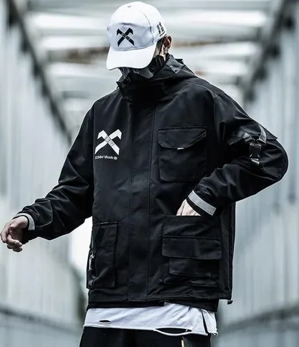 Vista 4 de Ropa de calle táctica para hombre, ropa gótica Alt Emo Techwear, chaquetas con capucha rompevientos Cool Cyberpunk Harajuku