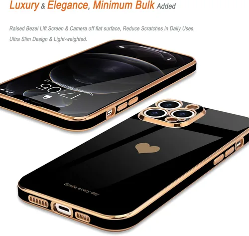 Vista 4 de Teageo Funda para iPhone 12 Pro para mujeres y niñas, diseño de corazón de amor, cubierta trasera suave, protección completa de la cámara, Negro