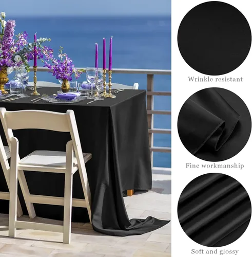 Vista 3 de TURSTIN Paquete de 4 manteles de satén negro de 102 x 58 pulgadas, mantel rectangular de seda brillante, tela suave, decoración de mesa para bodas