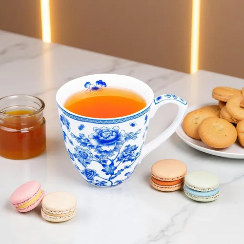Vista 5 de Taza floral de porcelana de hueso de 14 onzas, taza de café floral para mujeres y hombres, taza de té de café de porcelana de hueso con asa cómoda