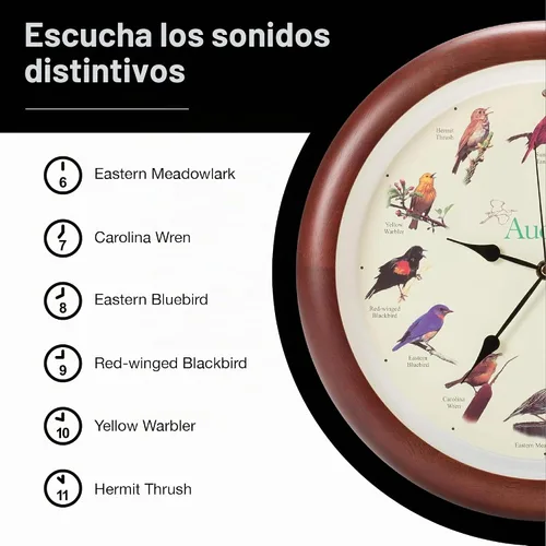 Vista 5 de Mark Feldstein, Audubon - Reloj de pared con diseño de pájaro cantante, 13 pulgadas, cereza prémium