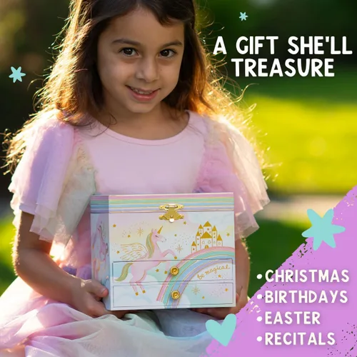 Vista 4 de Joyero musical de unicornio para niñas, caja de música para niños con unicornio giratorio, regalos de cumpleaños de unicornio para niñas pequeñas