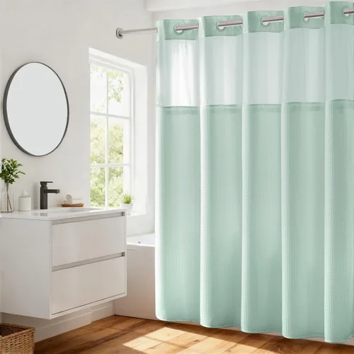 Vista 29 de Cortina de baño River Dream de gran peso sin ganchos necesarios con diseño de gofre punteado y forro a presión - 36W x 74H, de calidad hotelera