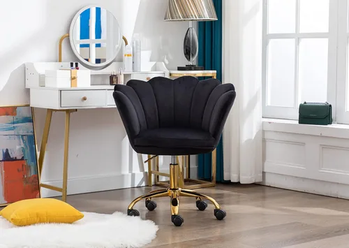 Vista 2 de Cómoda silla de trabajo para oficina en casa con ruedas, bonita y moderna tapizada de terciopelo con respaldo de concha, silla de escritorio Negro