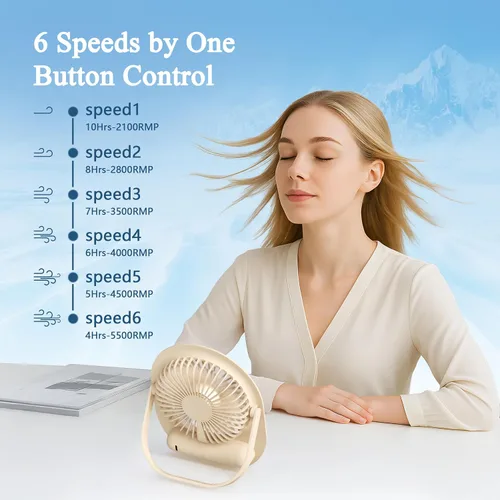Vista 5 de Ventilador de escritorio USB, ventilador portátil pequeño y silencioso recargable, plegable en 180°, 6 velocidades, ventiladores de mesa de viento