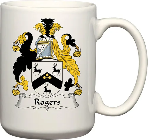 Vista 4 de Rogers Coat of Arms/Rogers Family Crest Taza de cerámica para café/cacao de 11 onzas por Carpe Diem Designs, fabricada en los Estados Unidos