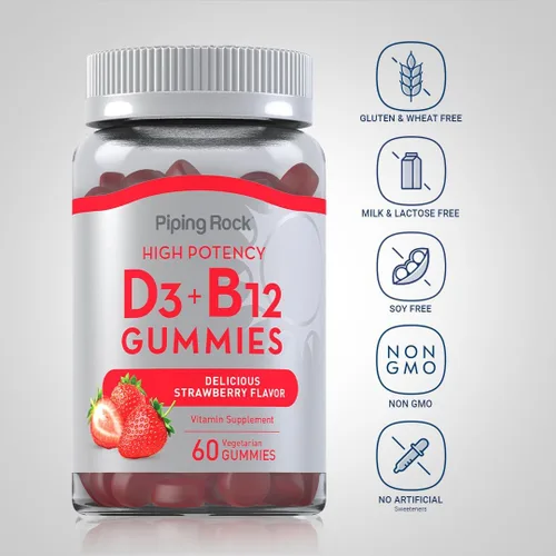 Vista 3 de Piping Rock Gomitas de vitamina D3 y B12 60 unidades Suplemento para mujeres y hombres Alta potencia Sabor a fresa Vegetariano, sin OMG