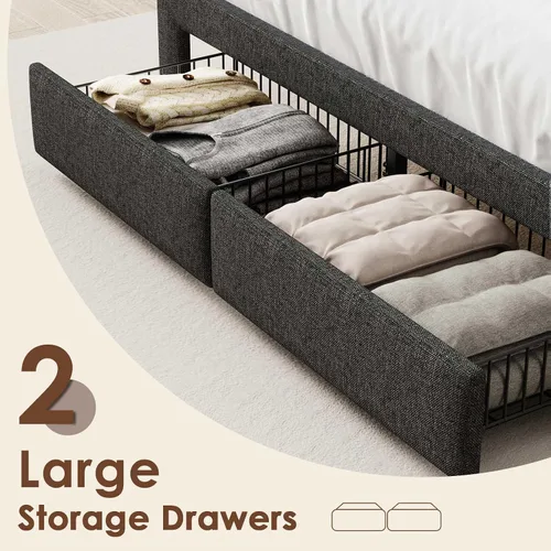 Vista 6 de Driftalia Base de cama de tamaño completo con cabecera de almacenamiento de 2 niveles, base de cama de tamaño completo tapizada con 2 cajones