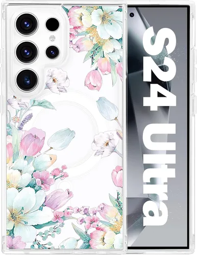 Vista 24 de Funda magnética para Samsung Galaxy S22 Ultra Flower, compatible con MagSafe, patrón floral transparente a prueba de golpes, parte trasera