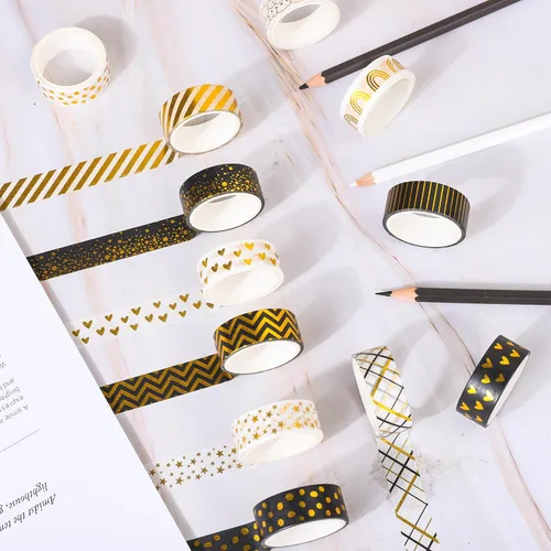 Vista 4 de Whaline Juego de 12 rollos de cinta washi con patrón de lámina dorada, cinta adhesiva con corazón, punto, raya arcoíris, juego de cintas decorativas