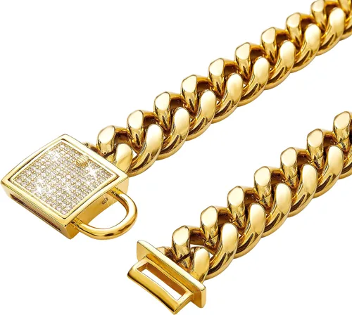 Vista 5 de Collar de cadena para perro con cierre de circonita cúbica de 0.551 in, acero inoxidable, chapado en oro de 18 quilates, cadena cubana