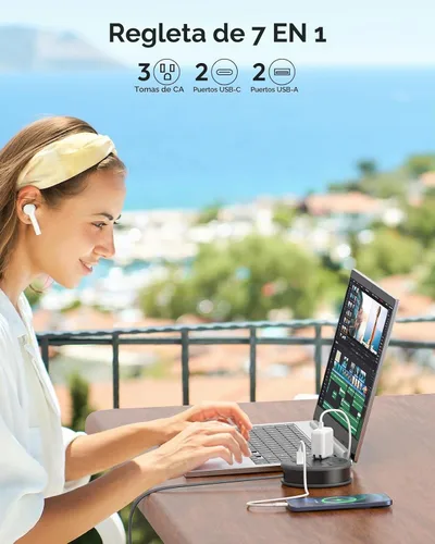 Vista 3 de NTONPOWER - Cable de extensión de enchufe plano, regleta de alimentación de viaje con 2 USB C y 3 tomas 4 puertos USB, cable de extensión plano de 4