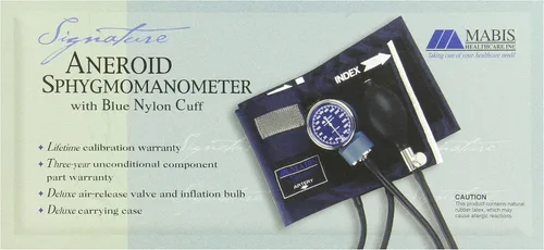 Vista 2 de MABIS Esfigmomanómetro aneroide con brazalete de presión arterial de nailon azul, manual, uso doméstico o profesional, adulto grande, azul