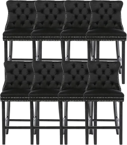 Vista 26 de Taburetes de bar tapizados de terciopelo modernos de 27 pulgadas con patas de madera, botón con cabeza de clavo cromada, taburetes de bar con Beige