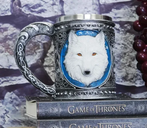 Vista 9 de Ebros Gift Gran celta mágica Knotwork Alpha Direwolf White Snow Wolf 8oz cáliz de copa de vino con forro de acero inoxidable Figura de taza