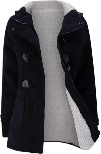 Vista 7 de JiangWu - Chaqueta cálida de invierno con capucha y forro de vellón, botones tipo cuerno, para mujer Negro