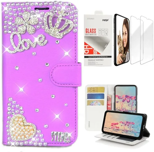 Vista 7 de Bling - Funda de piel tipo cartera compatible con Samsung Galaxy S21 Ultra - Elegante - 3D hecha a mano con colgante de hojas de lujo con protector